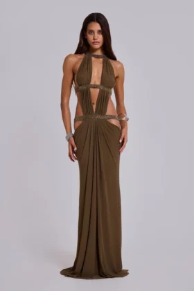 6AM Maxi-jurk met uitsnijdingen in mosgroen