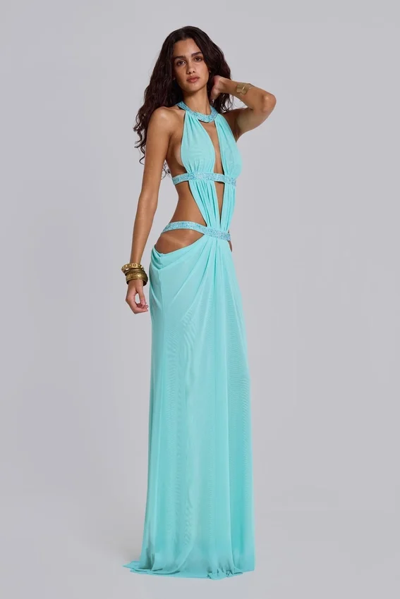 6AM Maxi-jurk met uitsnijdingen in turquoise