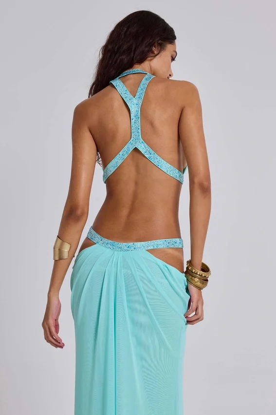 6AM Maxi-jurk met uitsnijdingen in turquoise