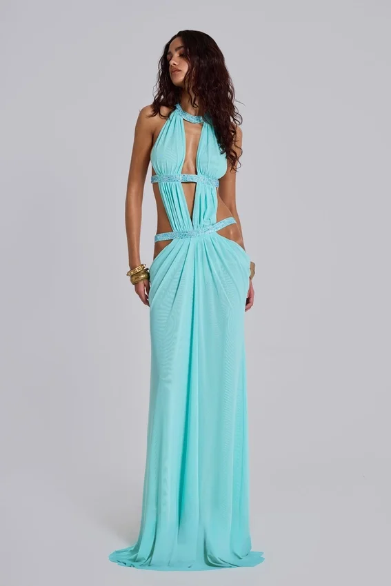 6AM Maxi-jurk met uitsnijdingen in turquoise