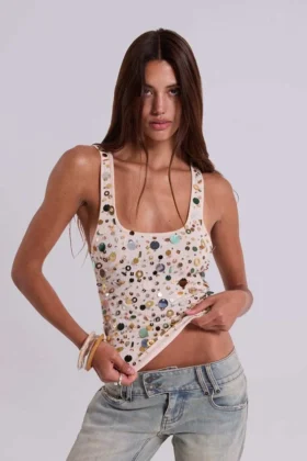 Addison-top met pailletten in zandkleur