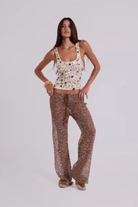 Addison-top met pailletten in zandkleur