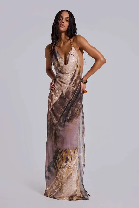 Alameda metallic chiffon maxi-jurk met cowl en open rug