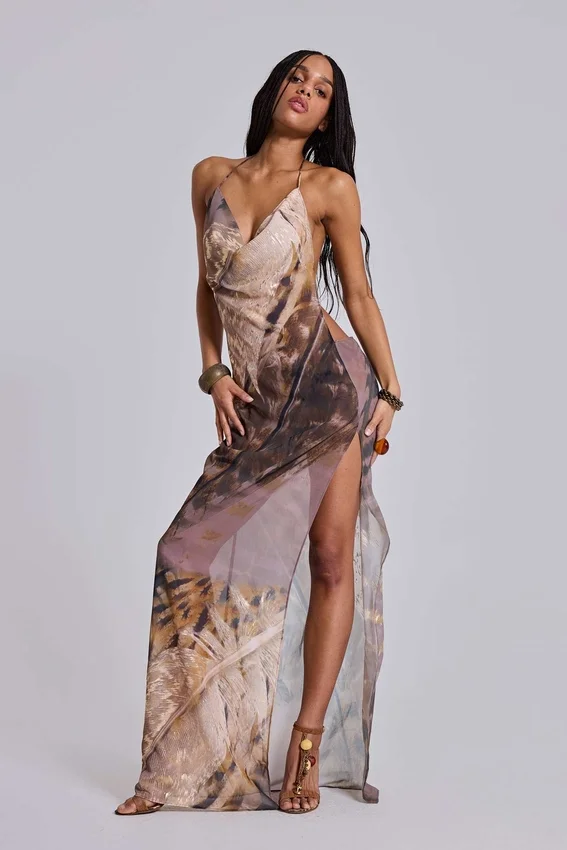 Alameda metallic chiffon maxi-jurk met cowl en open rug
