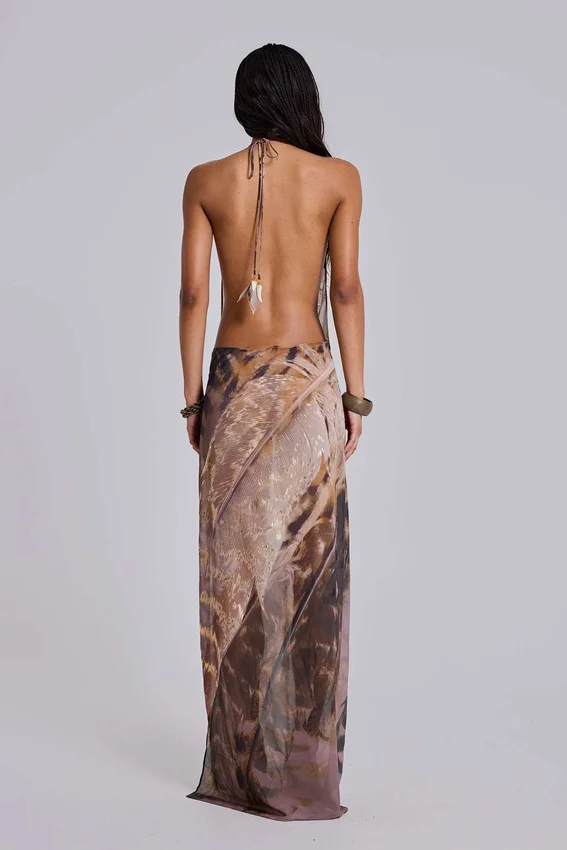 Alameda metallic chiffon maxi-jurk met cowl en open rug