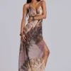 Alameda metallic chiffon maxi-jurk met cowl en open rug
