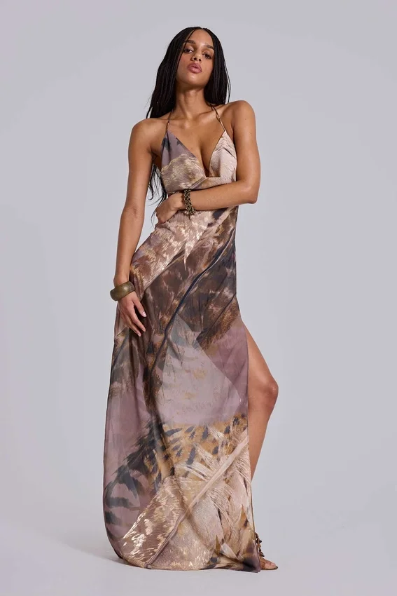 Alameda metallic chiffon maxi-jurk met cowl en open rug
