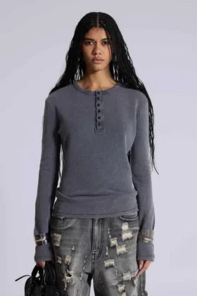 Antracietkleurige Henley-top met wafelstructuur