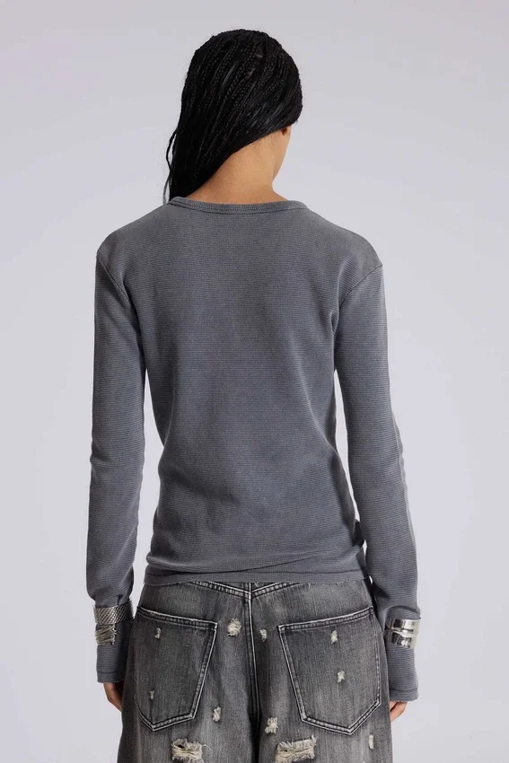 Antracietkleurige Henley-top met wafelstructuur