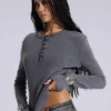 Antracietkleurige Henley-top met wafelstructuur