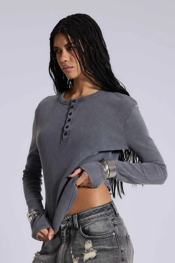 Antracietkleurige Henley-top met wafelstructuur