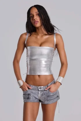 Ardor gecoate mini-denimshorts in zilver