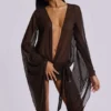 Aria mesh mini-jurk met diep decolleté in bruin