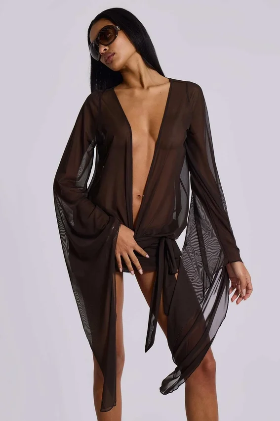 Aria mesh mini-jurk met diep decolleté in bruin