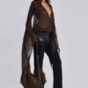 Aria mesh mini-jurk met diep decolleté in bruin