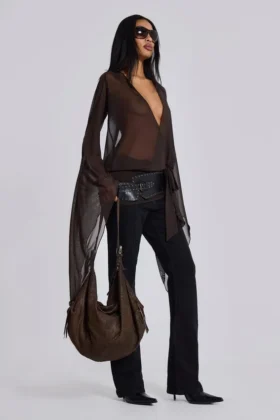 Aria mesh mini-jurk met diep decolleté in bruin
