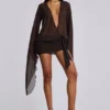 Aria mesh mini-jurk met diep decolleté in bruin