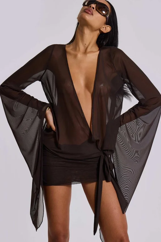 Aria mesh mini-jurk met diep decolleté in bruin
