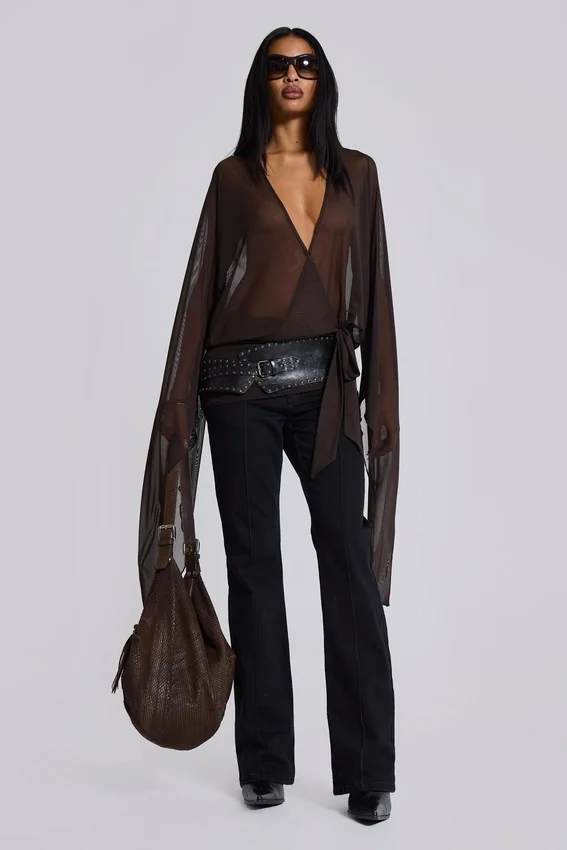 Aria mesh mini-jurk met diep decolleté in bruin