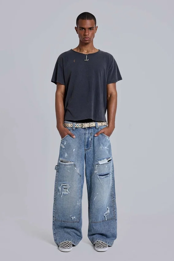 Blauwe vintage verweerde timmermansjeans
