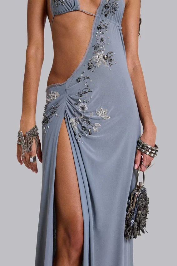 Brisa asymmetrische, met de hand geregen maxi-jurk