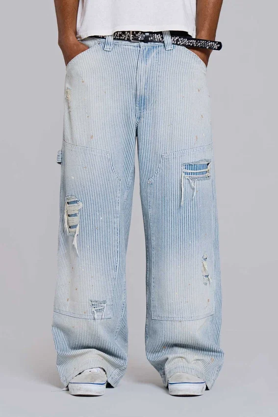 Carpenter-Jeans met dubbele knieën en krijtstreep