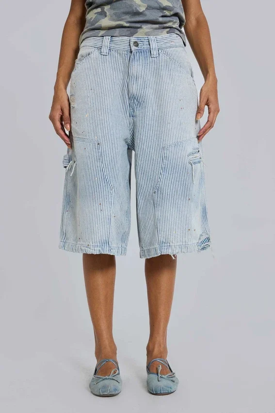 Carpenter-jeansshort met dubbele knieën en krijtstreep