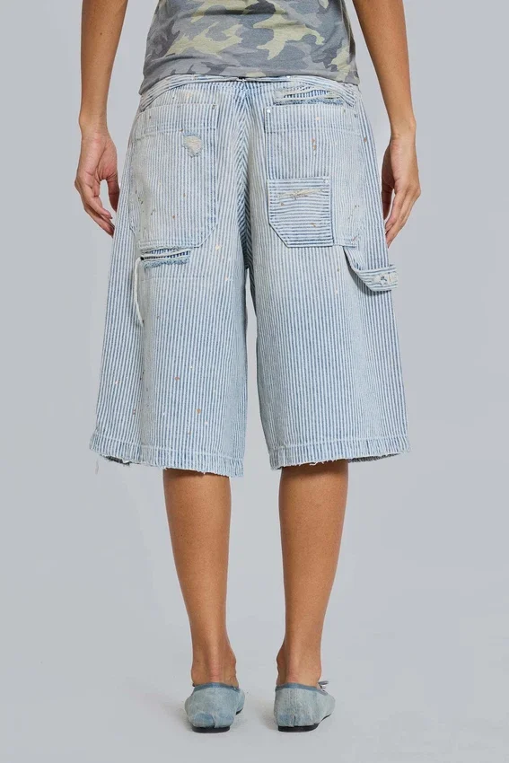 Carpenter-jeansshort met dubbele knieën en krijtstreep