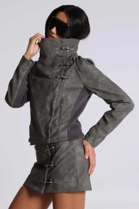 Cera Clasp PU-leren jas met trechterhals