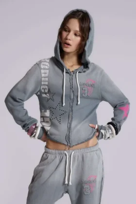 Cleo hoodie met grafische print en doorlopende rits
