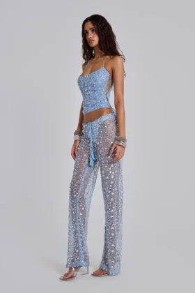 Deva broek van gebreide stof met pailletten in de kleur Sky