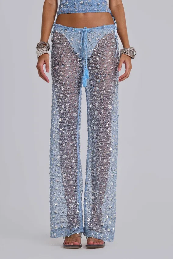 Deva broek van gebreide stof met pailletten in de kleur Sky
