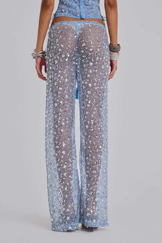 Deva broek van gebreide stof met pailletten in de kleur Sky