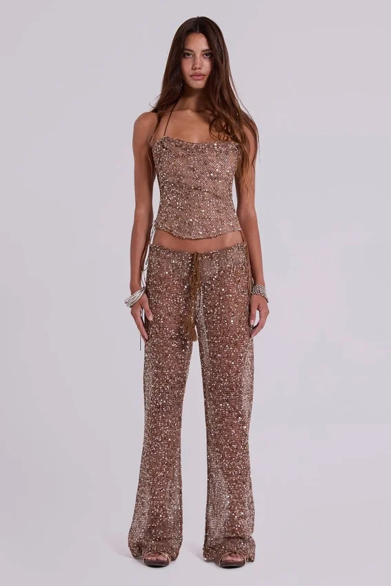 Deva broek van gebreide stof met pailletten in zandkleur