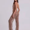 Deva broek van gebreide stof met pailletten in zandkleur