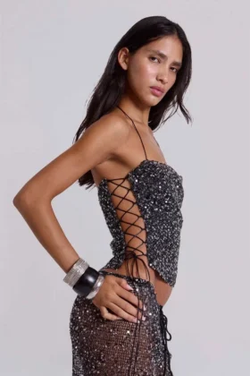 Deva gebreide corsettop met pailletten in Midnight