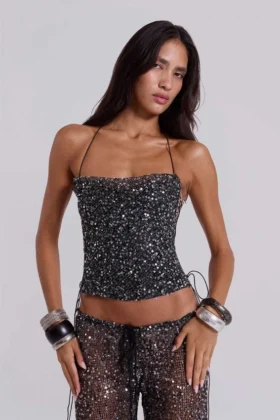 Deva gebreide corsettop met pailletten in Midnight