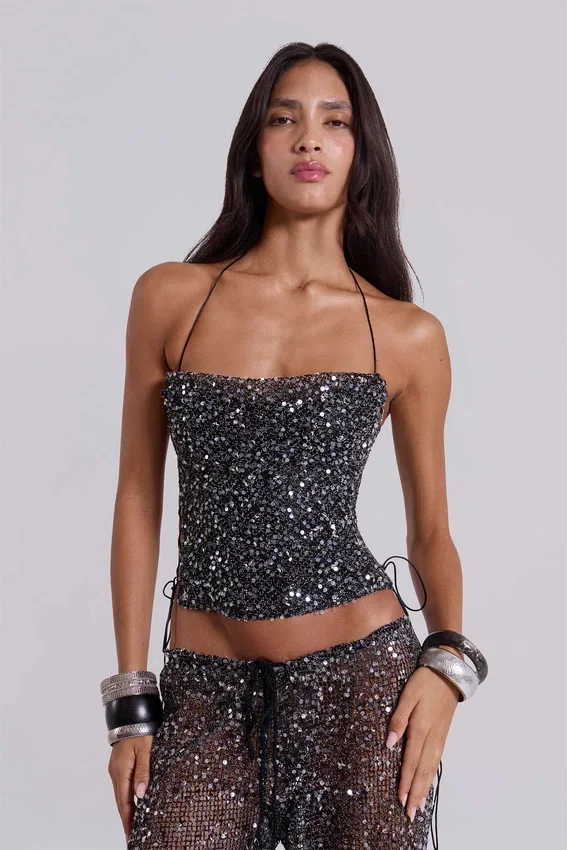 Deva gebreide corsettop met pailletten in Midnight