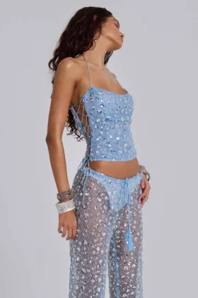 Deva gebreide corsettop met pailletten in Sky