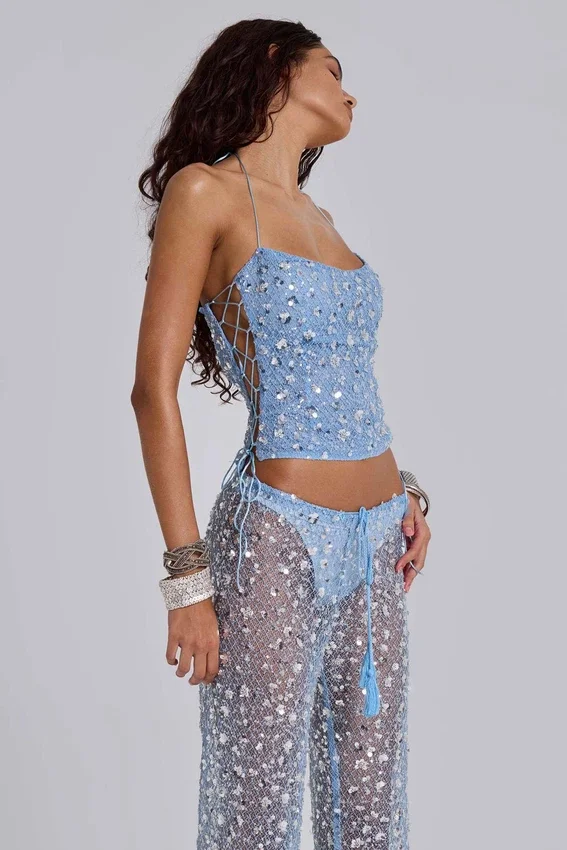 Deva gebreide corsettop met pailletten in Sky