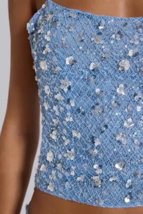 Deva gebreide corsettop met pailletten in Sky