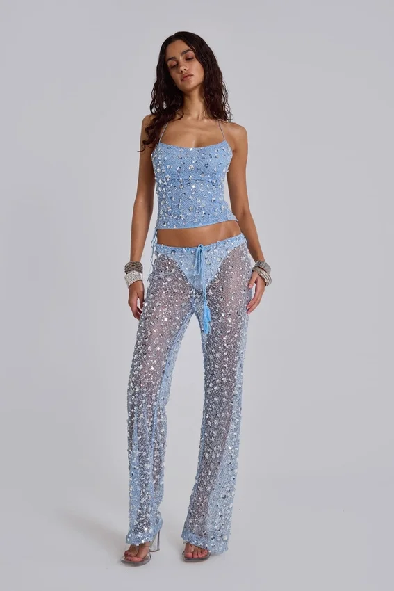 Deva gebreide corsettop met pailletten in Sky