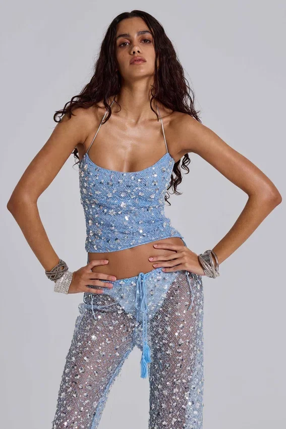 Deva gebreide corsettop met pailletten in Sky