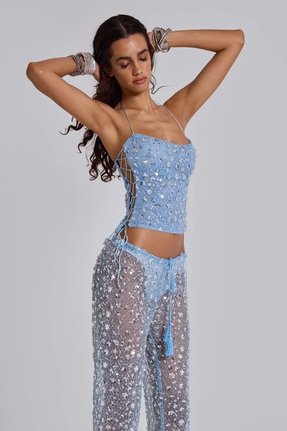 Deva gebreide corsettop met pailletten in Sky