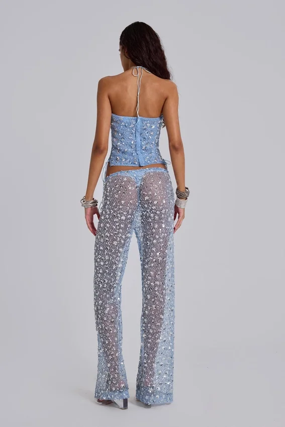 Deva gebreide corsettop met pailletten in Sky