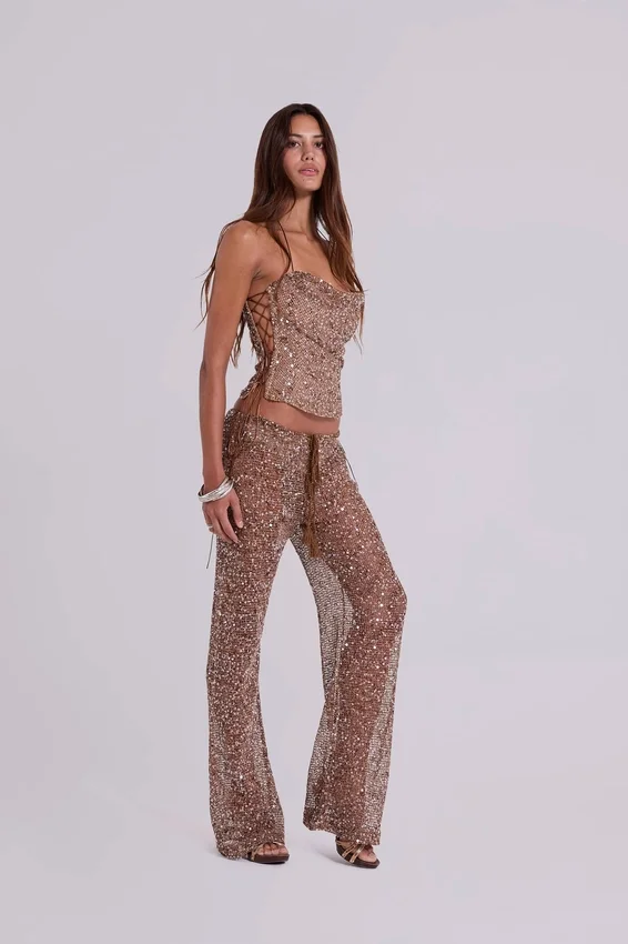 Deva gebreide corsettop met pailletten in zandkleur