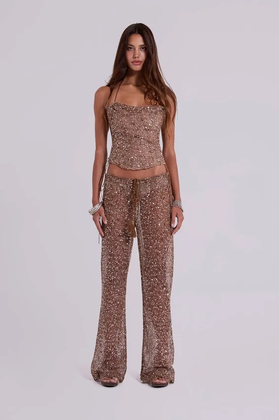 Deva gebreide corsettop met pailletten in zandkleur