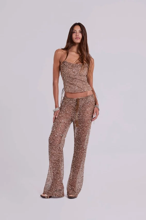 Deva gebreide corsettop met pailletten in zandkleur
