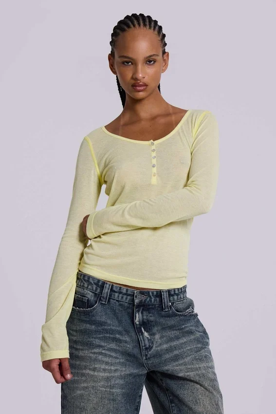 Doorschijnende Henley-top in Buttercup
