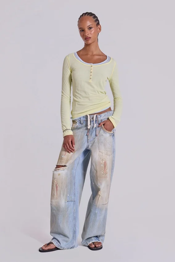 Doorschijnende Henley-top in Buttercup